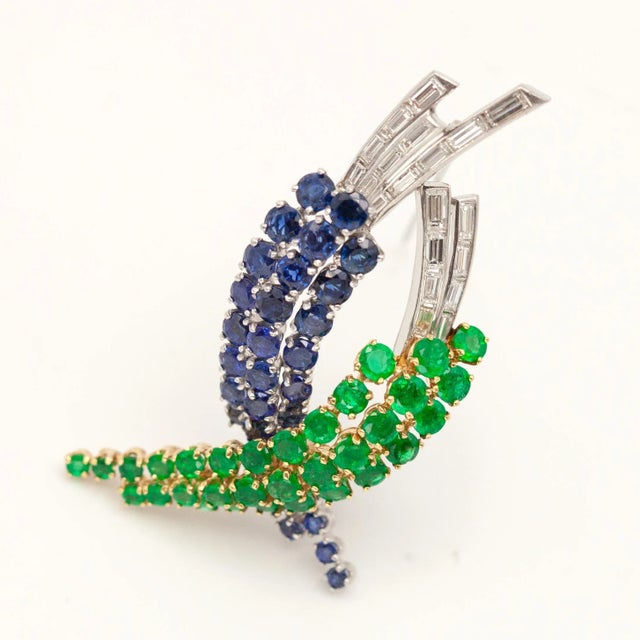 1960s Platinum and 18k Yellow Gold Sapphire Emerald and Diamond Brooch For Sale - Image 11 of 14