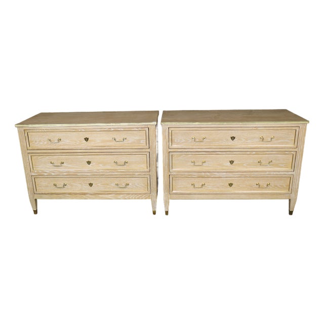 Pair English Made Louis XVI Style Brass Mounted Ceruse Oak Commodes For Sale
