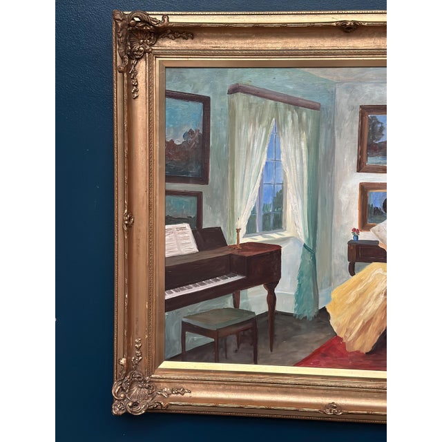 Mid-Century Modern V. Hansen, Interior with Reading Woman, 1960s, Oil Painting on Canvas, Framed For Sale - Image 3 of 17