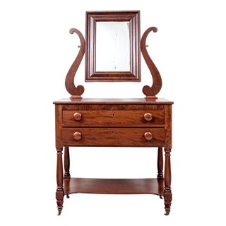 Antique American Classical Sheraton Flame Mahogany Lyre-Form Vanity Dressing Table With Mirror, Circa 1830 For Sale