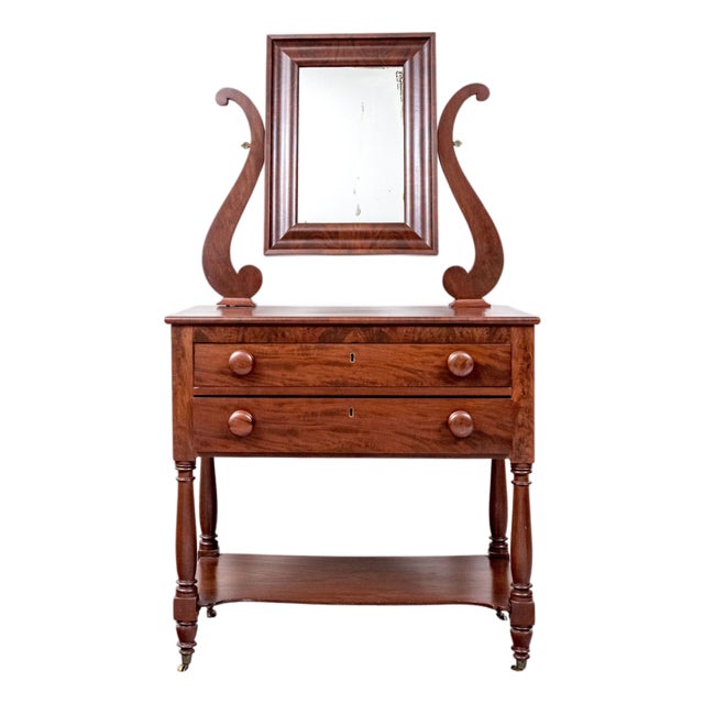 Antique American Classical Sheraton Flame Mahogany Lyre-Form Vanity Dressing Table With Mirror, Circa 1830 For Sale