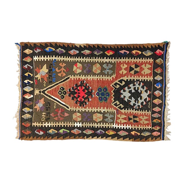 Vintage Turkish Traditional Shabby Wool Kilim Rug 110x72cm For Sale