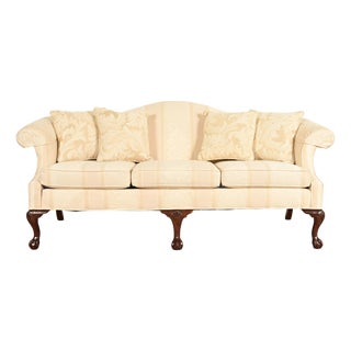 Ethan Allen Chippendale Carved Mahogany Upholstered Camelback Sofa For Sale