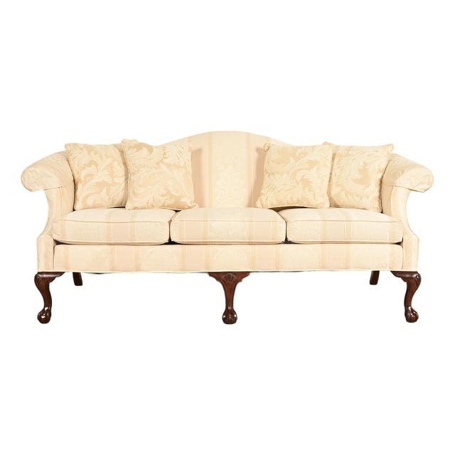Ethan Allen Chippendale Carved Mahogany Upholstered Camelback Sofa For Sale