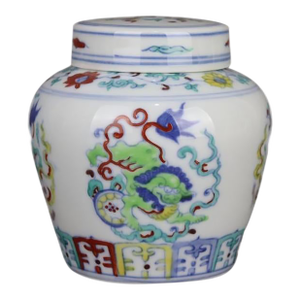 Early 20th Century Chinese Ceramic Tea Jar China Blue and White Doucai Porcelain Chenghua Tian Marked Jar Hand Painted Lion and Silk Ball Pattern