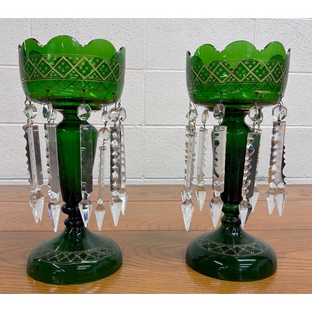 Antique C 1880-1900 Victorian Bohemian Emerald Green Glass Mantle Lustres - Pair For Sale - Image 13 of 14