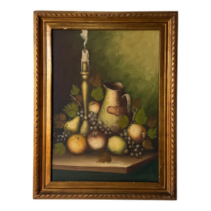 1980’s Vintage Still Life Fruits & Candle Impressionist Oil Painting on Canvas – Framed