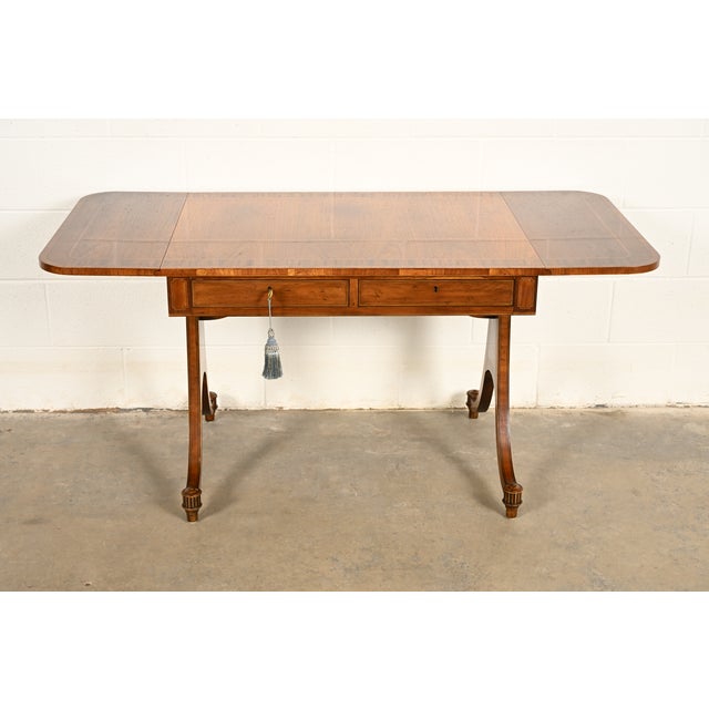 Baker Furniture Regency Inlaid Yew Wood Writing Desk or Console Table, Circa 1980s For Sale - Image 11 of 17