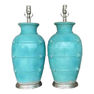 Vintage Boho Glazed Ceramic Table Lamps - a Pair