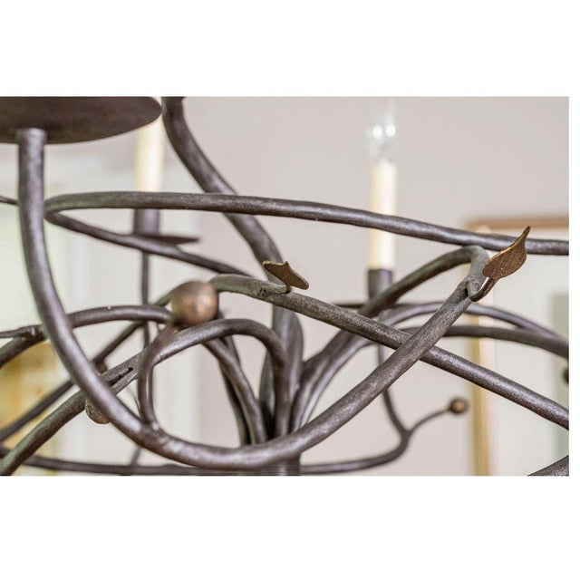 Contemporary Organic Modern Paul Ferrante Handcrafted Wrought Iron Eight Light Chandelier With Vine Detail For Sale - Image 3 of 5