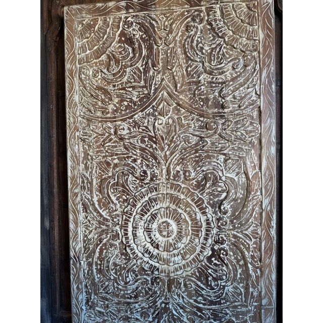 Vintage Carved Wood Lotus Medallion Barn Door | Artisan Headboard Wall Panel 80x36 For Sale - Image 4 of 7