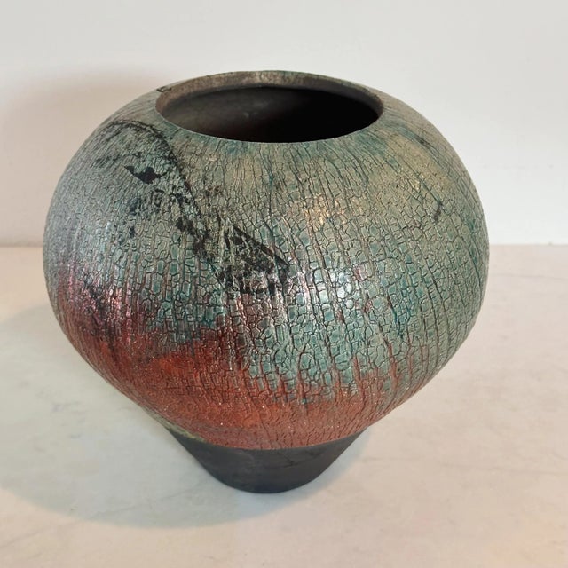 Mid-Century Hand Thrown Raku Pottery Vase in Bulbous Form in Shades of Turquoise and Rust For Sale In Los Angeles - Image 6 of 9