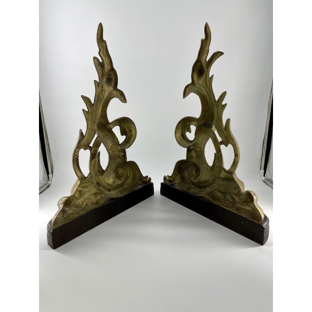 Mid-Century Modern Vintage Brass Dolphin Andirons - a Pair For Sale - Image 3 of 8