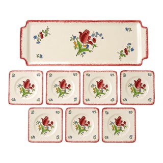 1950s Gien France “Lorraine” Floral Faience Dessert & Serving Set, 8 Pieces For Sale