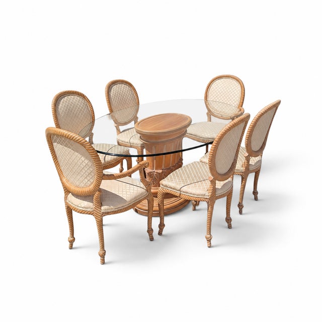 Vintage Carved Wood Oval Glass Dining Set With Six Upholstered Chairs For Sale - Image 16 of 18