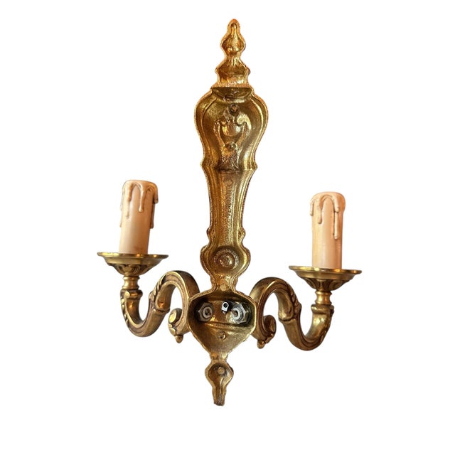 Brass 1950s Pair of Antique French Bronze Two-Arm Sconces – Heavy, Ornate Rococo Style, Natural Patina, Requires Rewiring For Sale - Image 8 of 9