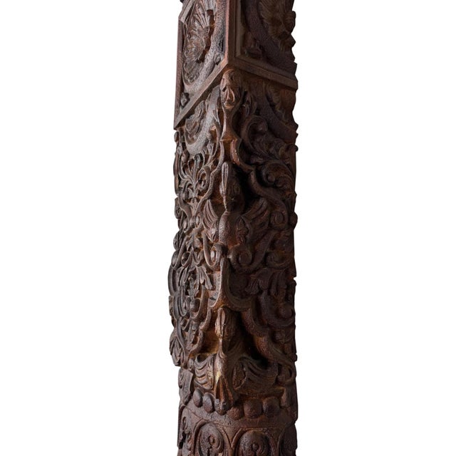 Far Pavilions Hand Carved Wood Pillars | Set of 2 Antique Teak Architectural Salvage From India | 94 Inch Large Wall Art for Entryway Statement Home Decor For Sale - Image 4 of 6