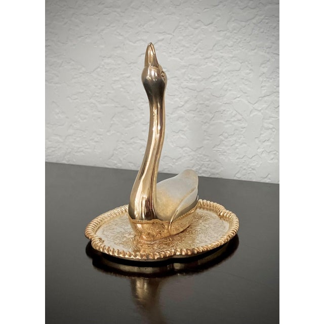 Diminutive Mid 20th-Century Brass Swan on a Dish Ring Holder, Hong Kong For Sale In Austin - Image 6 of 17