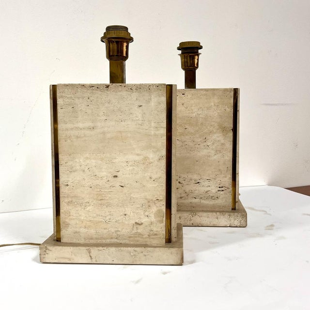 1970s Geometric Travertine and Brass Table Lamps, Italy, 1970s, Set of 2 For Sale - Image 5 of 10