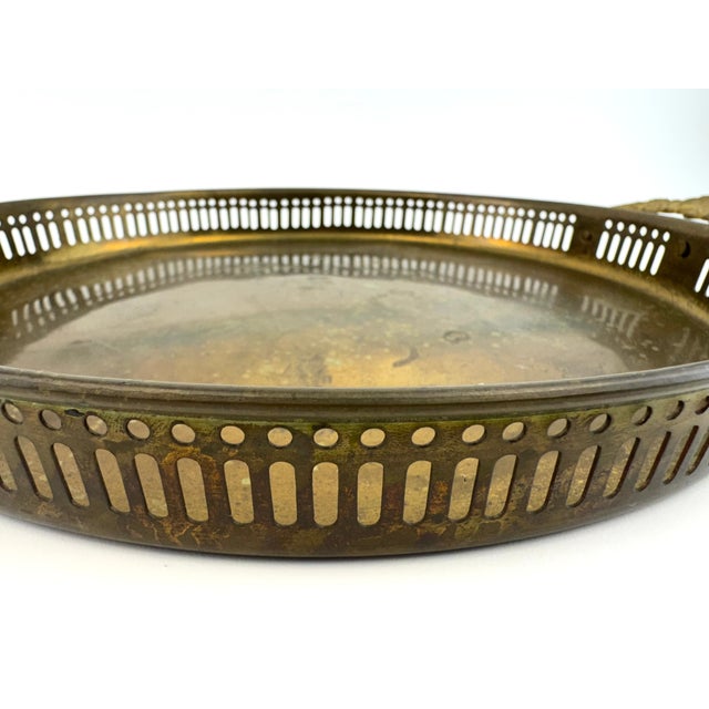 1970s Vintage Brass Gallery Tray With Pierced Rim and Ornate Handles For Sale - Image 5 of 8