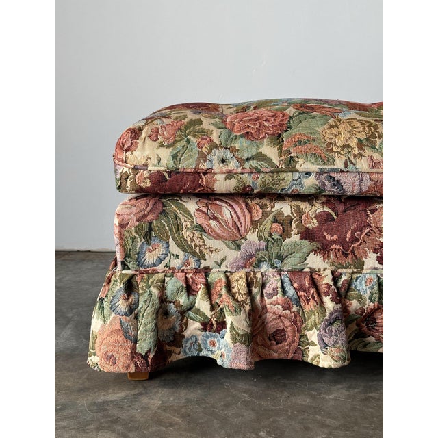 Wood Floral Jacquard Tapestry Skirted Tufted Ottoman, 1980s For Sale - Image 7 of 13
