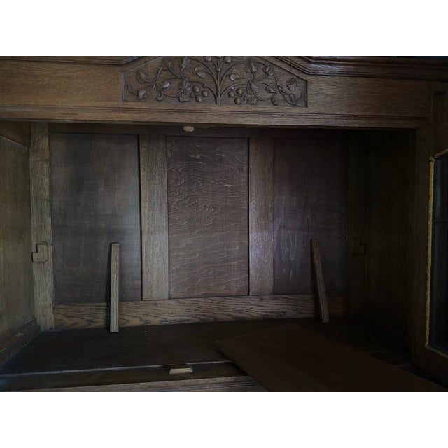 Brown 1920 Early American Buffet Art Deco Mid-Centry Oak Glass Doors. Latched Drawers & Original Key. For Sale - Image 8 of 12