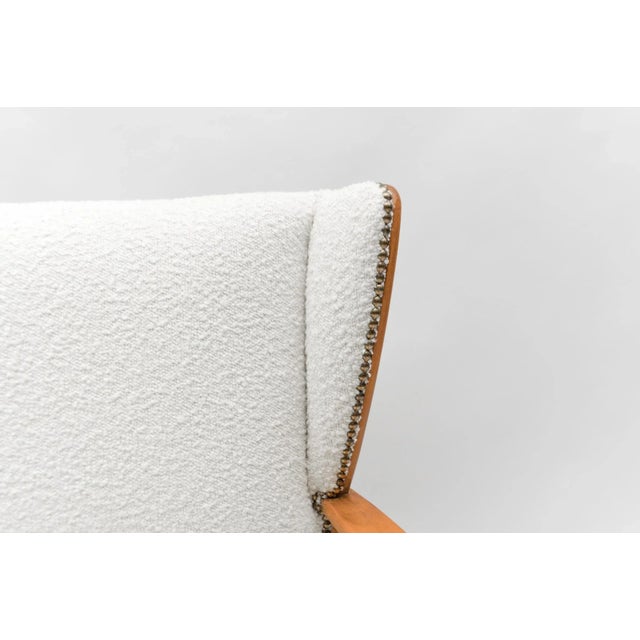 White Boucle Fabric and Wooden Wingback Armchair, Italy, 1950s For Sale - Image 9 of 11