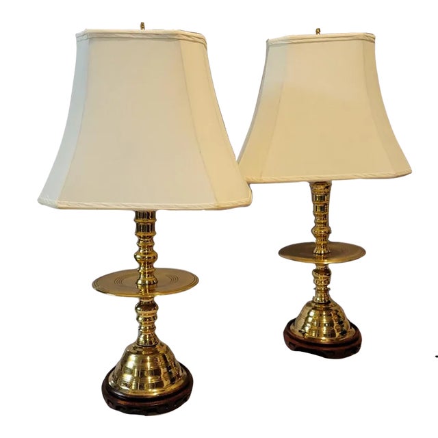 Vintage Asian Brass Altar Candlestick Table Lamps - a Pair For Sale