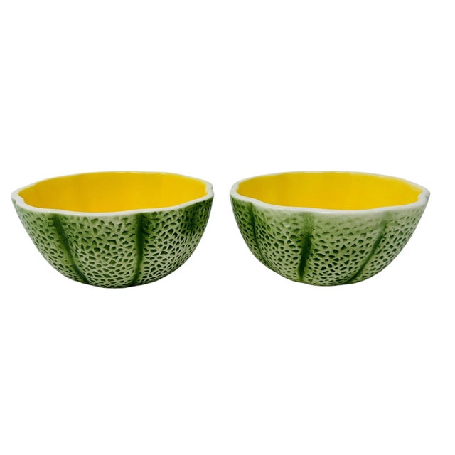 Mid 20th Century "Noir" Cantaloupe Fruit Bowls| Unmarked Knobler Style | Realistic Japanese Majolica - Set of 2 For Sale - Image 9 of 9