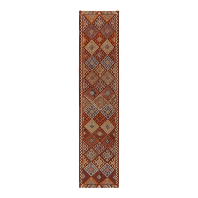Vintage Tribal Kilim Runner in Rust Brown, Orange and Blue Geometric Patterns For Sale