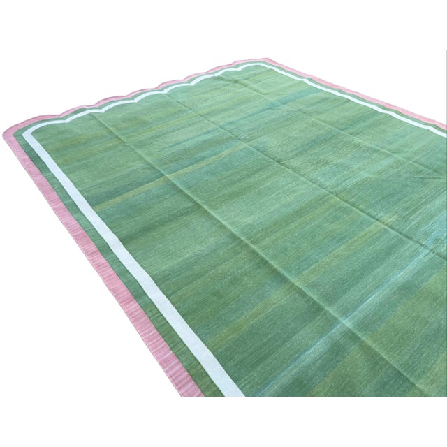 Textile Handwoven Cotton Area Rug Vegetable Dyed Forest Green and Pink Border Scalloped Dhurrie - 12'x15' For Sale - Image 7 of 10