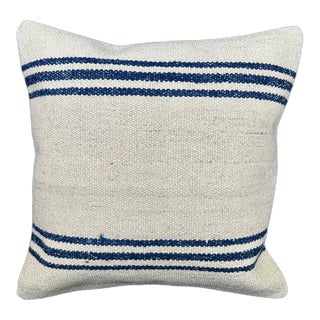 Turkish Hemp Pillow Cushion Natural Beige Blue Cushion Cover 20"x20" For Sale