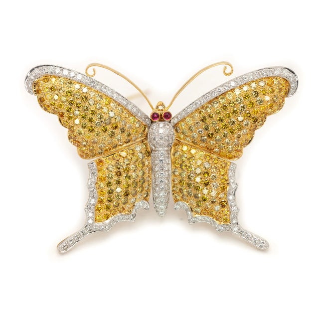 Metal 18k Yg and Wg Fancy Yellow & White Diamond Butterfly Brooch For Sale - Image 7 of 12