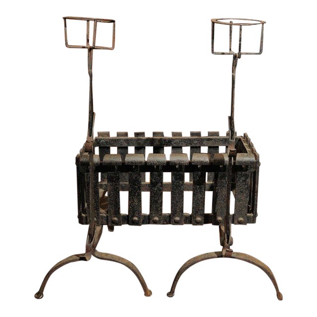 1880 English Iron Firedogs With Log Basket For Sale