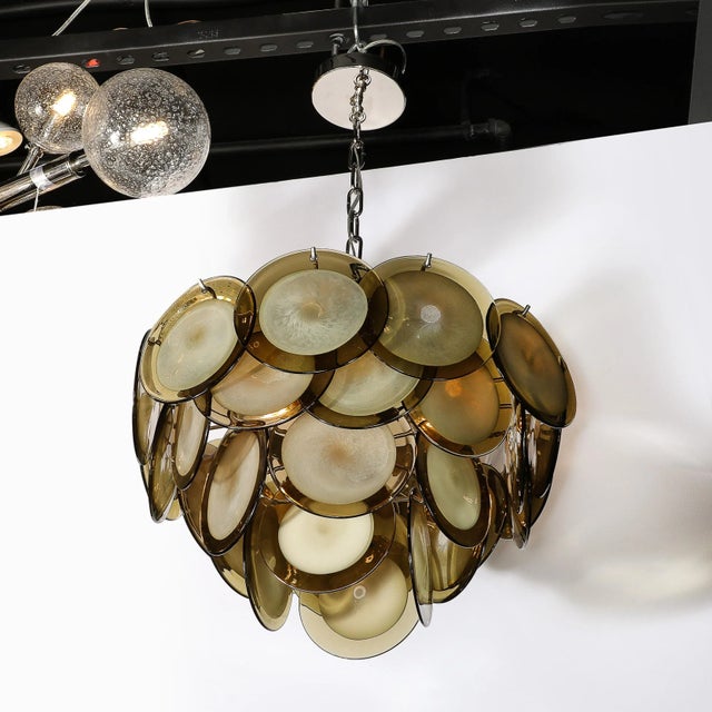 Modernist Four Tier Smoked Topaz Disc Murano Glass Chandelier W/ Chrome Fittings For Sale - Image 9 of 12