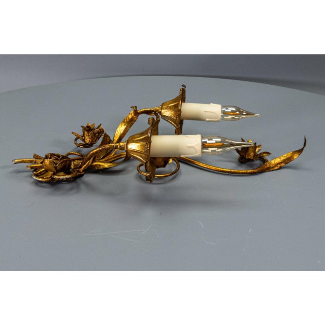 Hollywood Regency Gilt Metal Botanical Two-Light Wall Sconce, 1950s For Sale - Image 17 of 18