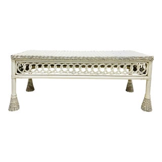 Vintage White Woven Wicker Coffee Table For Sale