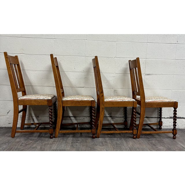 Vintage English Style Barley Twist Tiger Oak Pub Dining Chairs - Set of 4 For Sale - Image 9 of 13