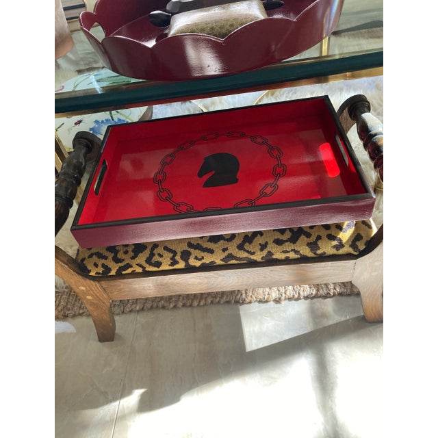Lacquered Eggplant and Red Equestrian Tray For Sale - Image 10 of 10
