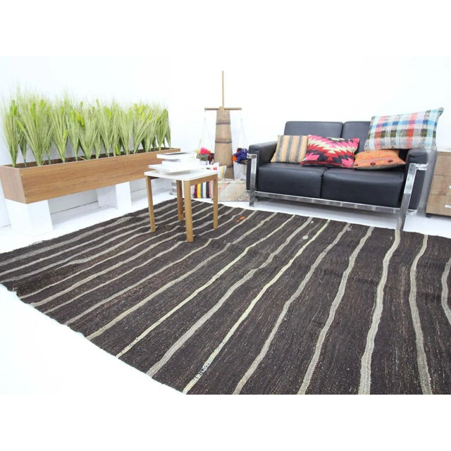 1960s Vintage Striped Brown Kilim Rug- 6′7″ × 8′8″ For Sale In Los Angeles - Image 6 of 7