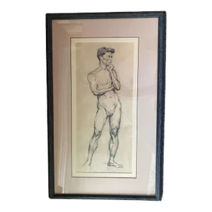 Vintage Charcoal on Rice Paper Figural Drawling on Male Nude, Double Matted and Framed, Circa 1950