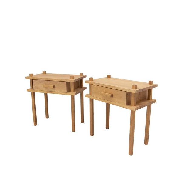 Pair of oak nightstands "Pyrénées" signed by Sébastien Lamarre. This french side cabinets were made by Sébastien Lamarre...