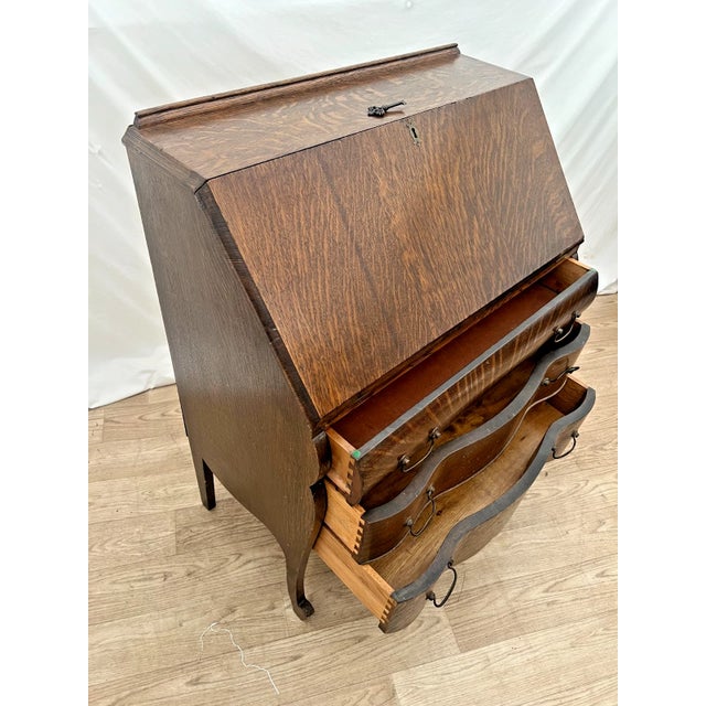Wood Antique English Secretary Desk, Locking Door, Three Bottom Drawers Tiger Oak For Sale - Image 7 of 13