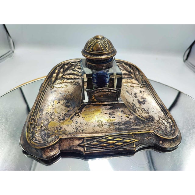 Art Nouveau Brass Silver-Plated Inkwell Set, Set of 3 For Sale - Image 7 of 8