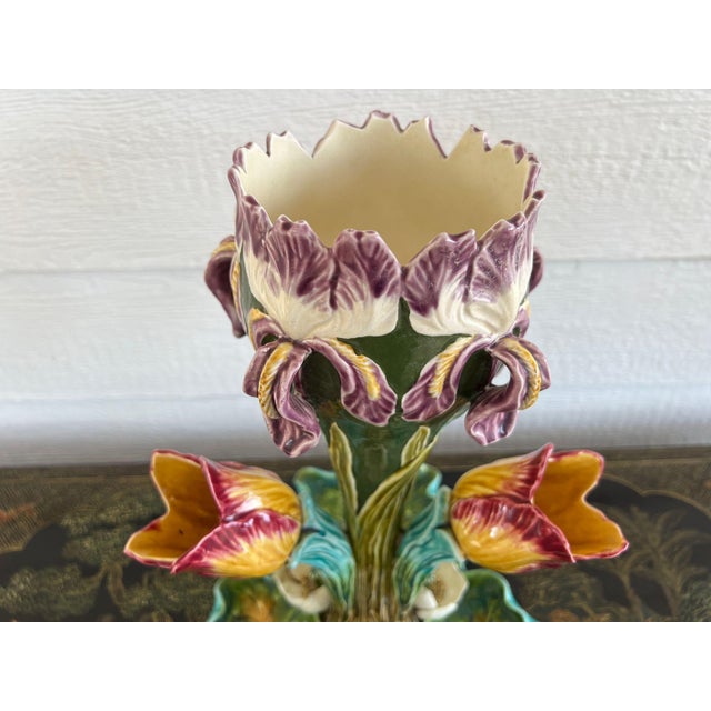 Antique French Majolica Vase Centerpiece Onnaing Art Nouveau Iris Tulip C1900 For Sale - Image 9 of 18