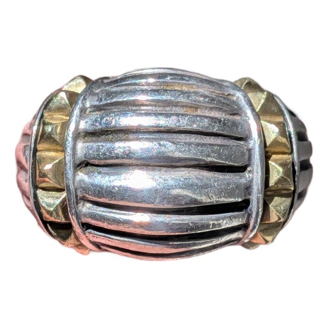 Mid 20th Century Lagos Caviar Sterling Silver & 18k Gold Dome Ring - Size 7.75 For Sale