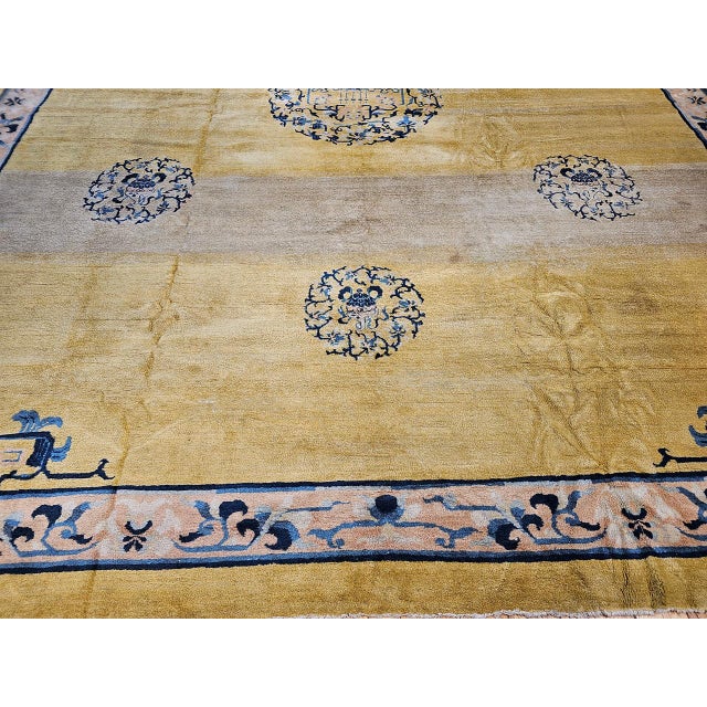 Antique Chinese Peking Rug, Handwoven Ningxia Medallion Pattern, Pale Yellow, 13' X 16' For Sale - Image 11 of 15