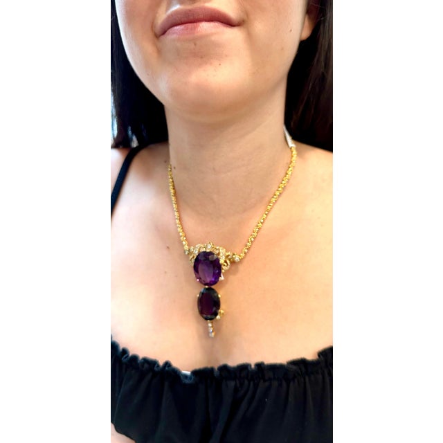 Huge Two Oval Shape Amethyst Pendant Necklace/ Pin & Diamonds 14 Kt Yellow Gold For Sale - Image 14 of 18