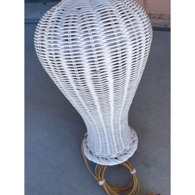 Wood Vintage Boho Shabby Chic White Wicker Table Lamp With Shade For Sale - Image 7 of 8