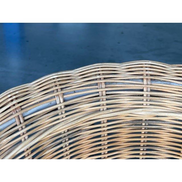 Vintage Organic Modern Wicker Pedestal Dining Table & 4 Barrel Chairs, 48” Glass Top For Sale - Image 12 of 17